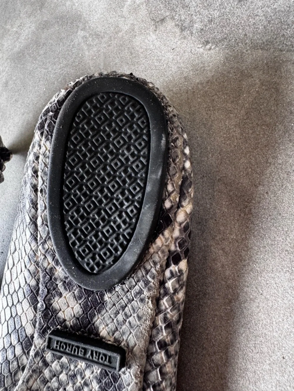 Tory Burch Snake-Print Ballet Flats in Black and Gray with Logo Medallion - Picture 9 of 10